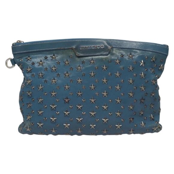 Jimmy Choo Studs Clutch Bag Leather Blue Silver Auth - Picture 1 of 15